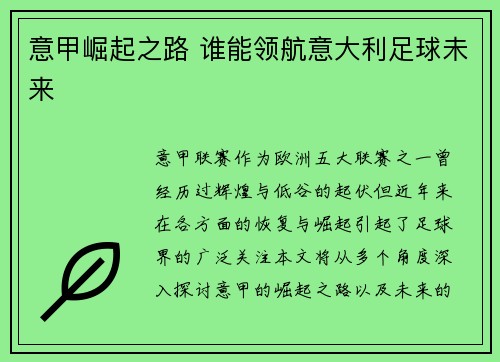 意甲崛起之路 谁能领航意大利足球未来